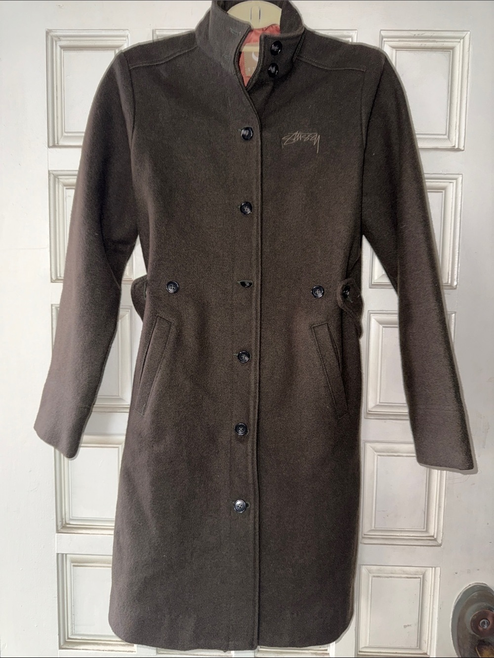 Stüssy Women’s Wool Blend Long Coat Brown High Collar Belted Size Large - Picture 2 of 15